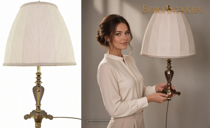 dekoracyjna lampa z mosiądzu prezentowana w eleganckim wnętrzu